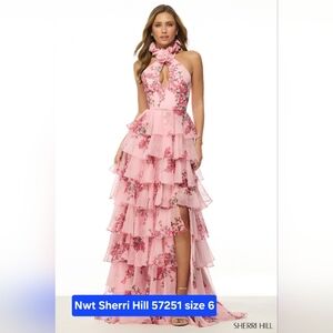 Sherri HILL Floral RUFFLE  Pink Halter Neck Tiered Dress SIZE 6 #57251